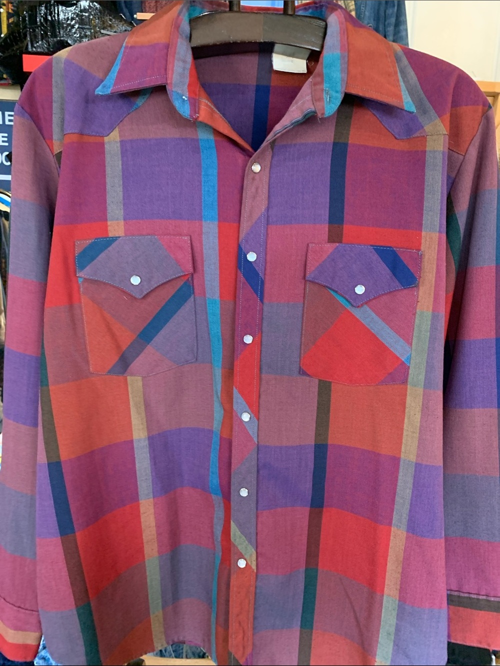 Vintage Red Purple Blue Plaid Button-Down Pearlsnap Shirt